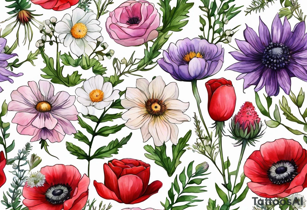 simple wildflowers with thistles, ferns, ranuculus, white anemones, sun flowers, red flowers, pink flowers, purple flowers, buttercups, babys breath, daisies, and greenery all in watercolor tattoo idea