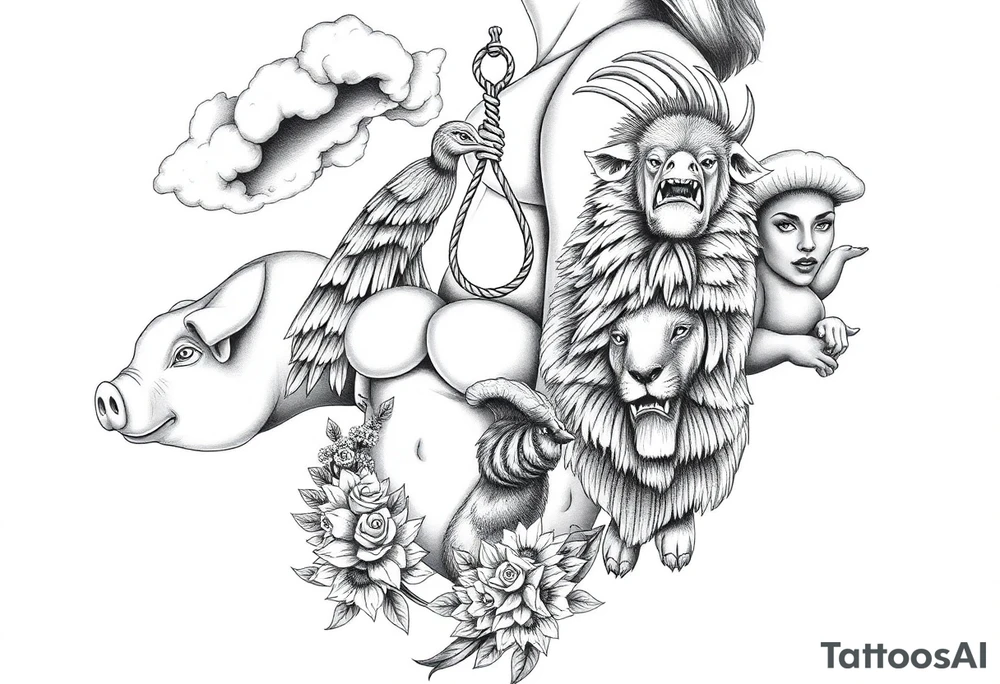 Storm clouds, pig, peacock , fat sexy naked fat woman, cupcakes, noose , money, goat, lion, couple having sex, cigerette storm lightening, killing, darkness tattoo idea