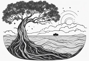 Tree with roots, mental health related, simplistic line work, brain and heart on a scale make with Greek mythology influences tattoo idea