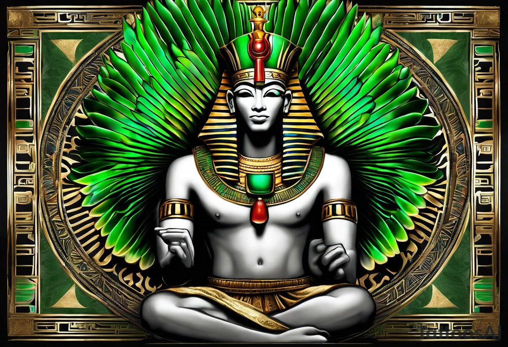 The tattoo represents Osiris, the god of the afterlife and resurrection, with his iconic green skin and traditional attire. His body is wrapped in a detailed shroud, and he is depicted with the Atef crown, featuring the white crown of Upper Egypt flanked by two feathers. His eyes are serene yet powerful, reflecting his role as the judge of the dead. The detailed texture of his skin and attire, along with realistic shadows and highlights, accentuate Osiris’s divine and otherworldly presence. tattoo idea