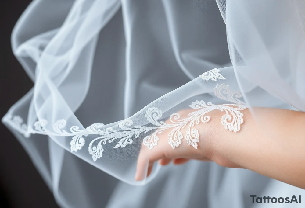 A delicate wedding veil flowing in the wind, adorned with lace patterns and soft, romantic shading tattoo idea