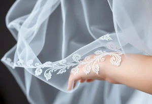 A delicate wedding veil flowing in the wind, adorned with lace patterns and soft, romantic shading tattoo idea