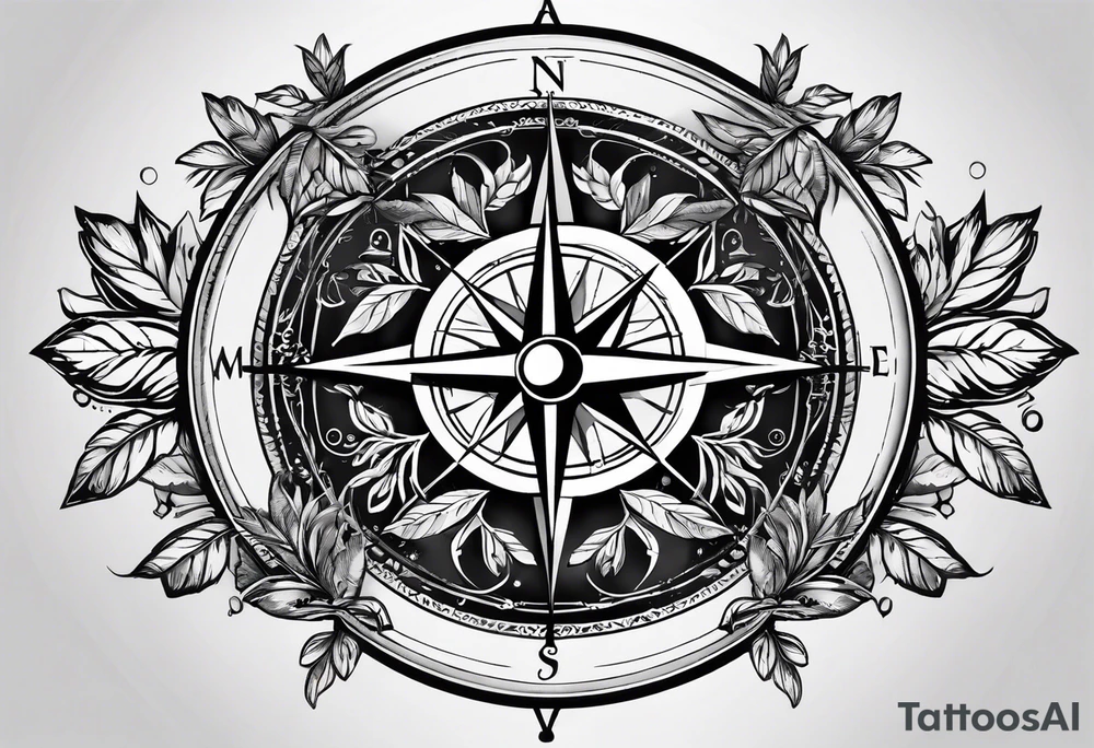 A cool compass with a narrow olive branch crown around it tattoo idea