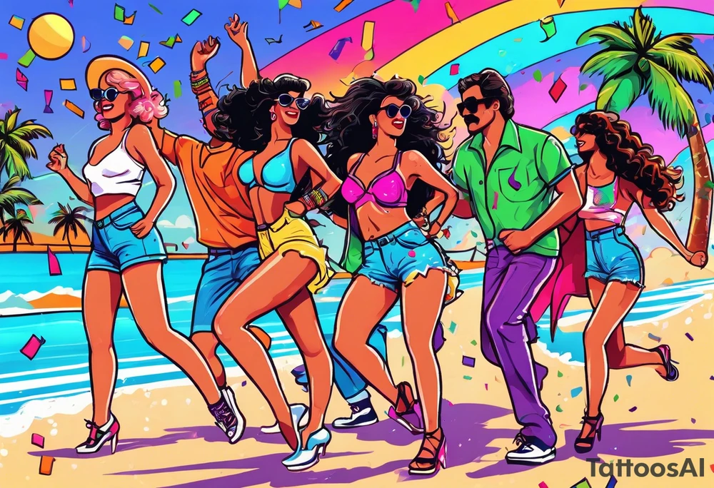 1980's style dance party with boom box and confetti in a beach theme. include people in 80's miami beach clothes, music note. tattoo idea