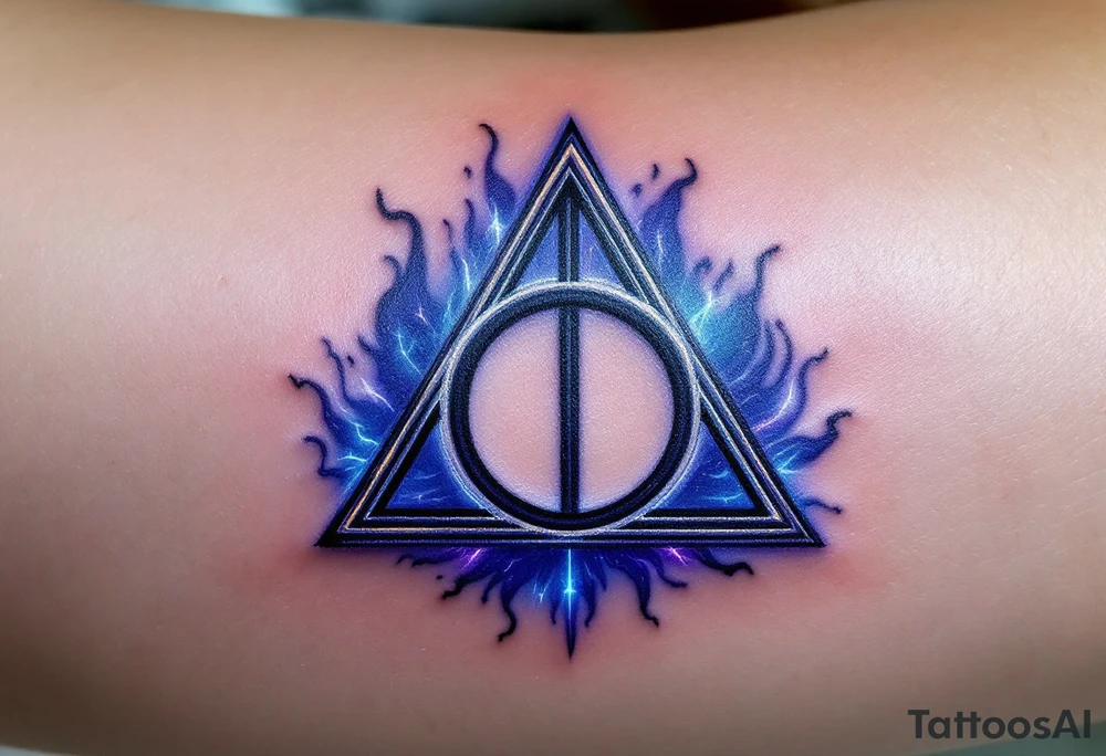 A detailed Deathly Hallows symbol (triangle, circle, and line) with a soft, glowing effect around it in deep blue and purple hues, giving it an ethereal and magical feel, symbolizing the power of the three legendary objects. tattoo idea
