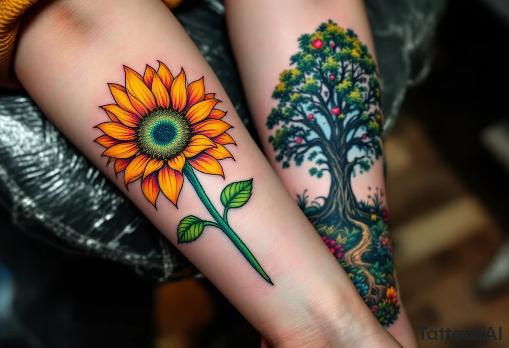 A vibrant sunflower in yellows for her and a strong oak tree in greens for him on the ribs represent growth and grounding. tattoo idea