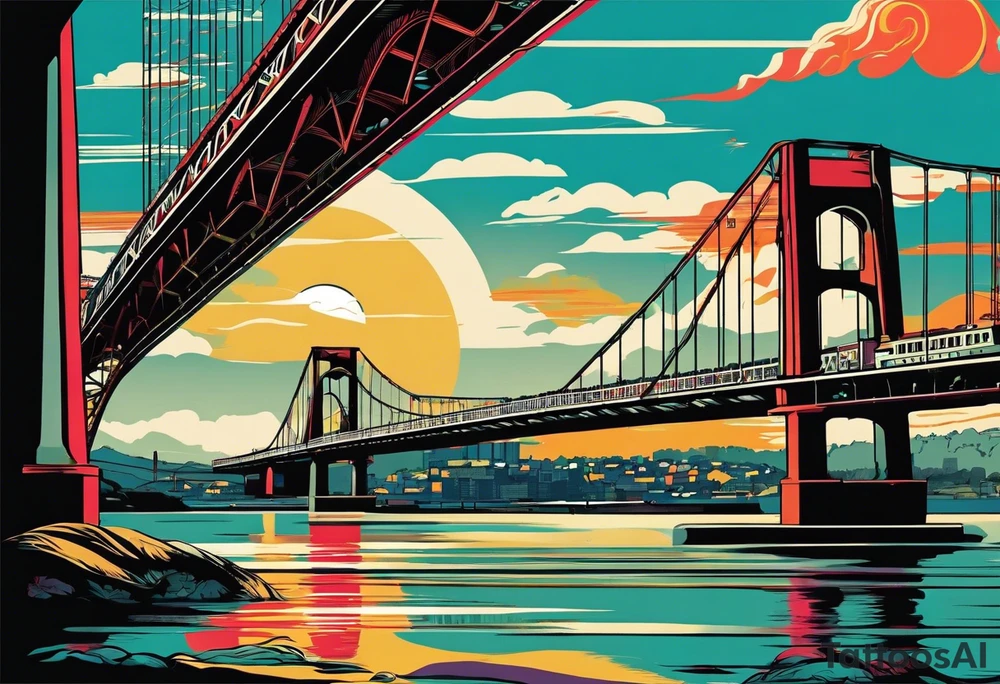 70's poster art, pop art, simple, view from under cantilever bridge tattoo idea