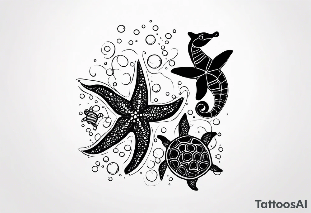 Small Starfish, Seahorse and turtle in a vertical line with bubbles tattoo idea