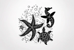 Small Starfish, Seahorse and turtle in a vertical line with bubbles tattoo idea