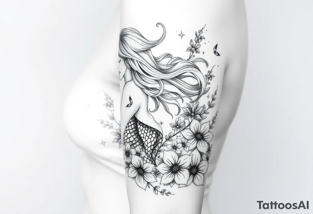 ethereal mermaid with flowing hair among coral and sea flowers tattoo idea
