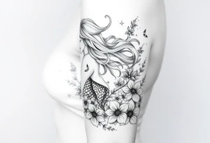 ethereal mermaid with flowing hair among coral and sea flowers tattoo idea