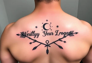 Name tattoo with Wesley Brantley Logan with entwined arrows and moons and stars tattoo idea