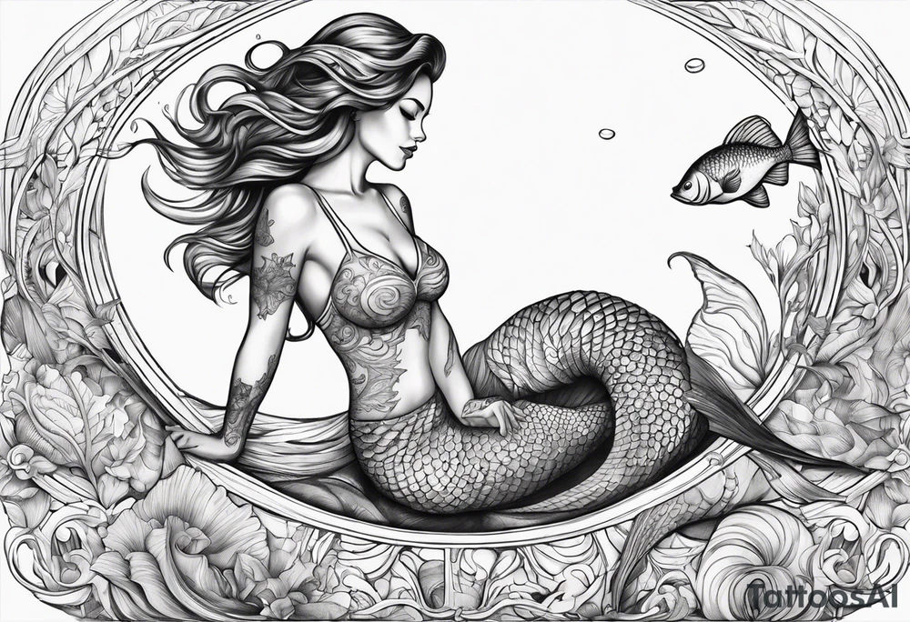 Draw a mermaid body with nice long fish tail with a shell bra tattoo idea