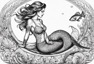 Draw a mermaid body with nice long fish tail with a shell bra tattoo idea