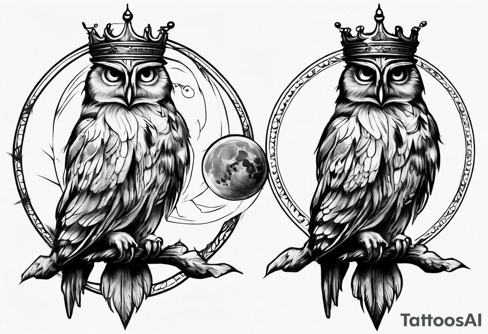 Wise Crowned Owl perched with the Dark Moon. tattoo idea