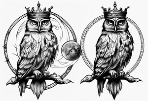 Wise Crowned Owl perched with the Dark Moon. tattoo idea