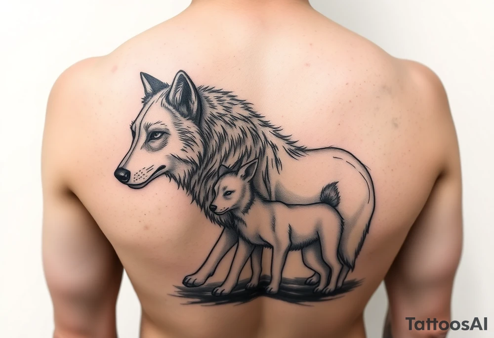 A solitary yet sublime and noble wolf and its progeny. tattoo idea