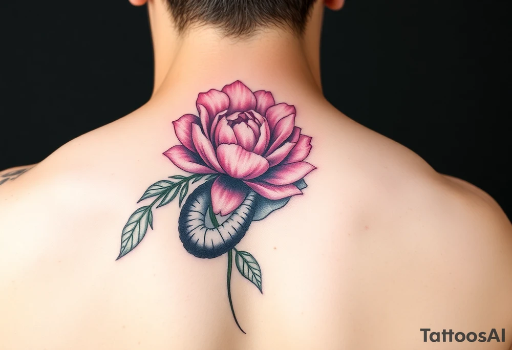 elephant holding pink peony tattoo idea