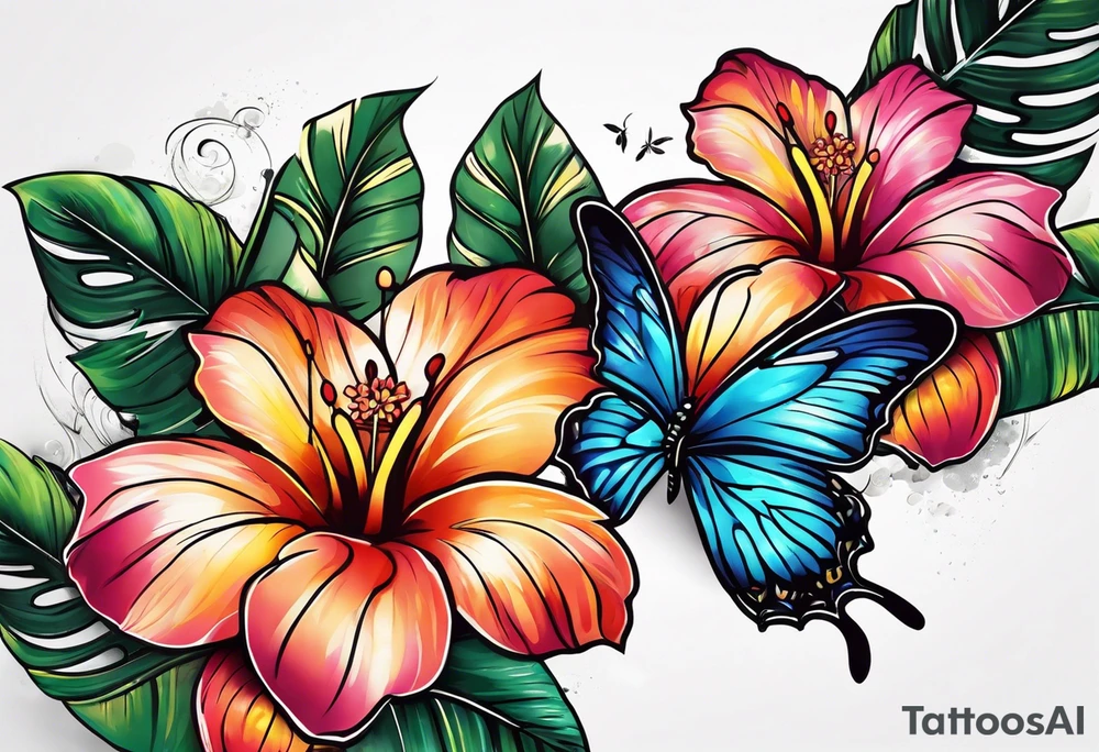 2 hawaiian flowers with a butterfly underneath tattoo idea