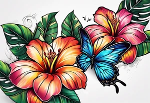2 hawaiian flowers with a butterfly underneath tattoo idea