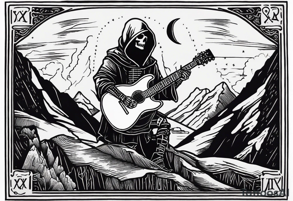 A tarot card showing a hooded skeleton playing a v shaped guitar on top of a mountain made of amps,  the text says "XXII The Bard", lightnings in the background tattoo idea