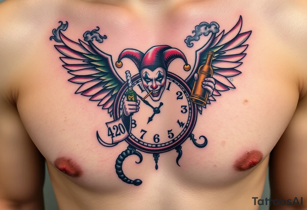 a jester clown floating in smoke with a  clock, the time says 420,  with two open wings besides the clock, smoke as the spring rising from the clock, a jester clown coming out the smoke, smoking in one hand with a liquor bottle on the other hand tattoo idea