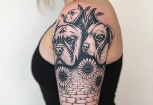 Multiple very thick muscled up pitbulls' portraits fading into the background as filler incorporate sunflowers, an old road made from pavers tattoo idea
