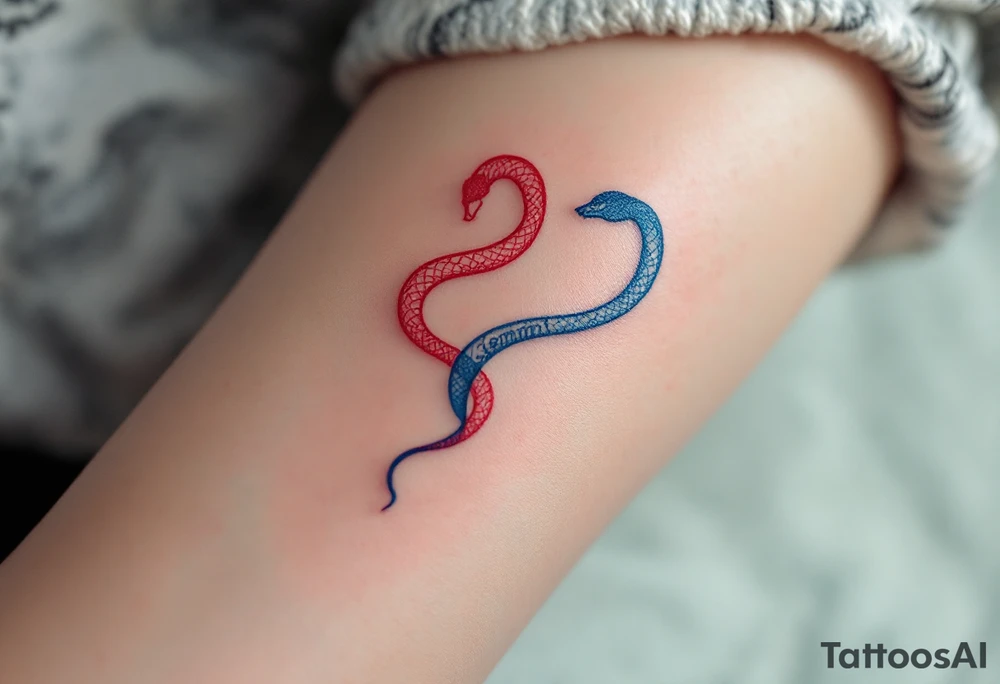 A minimalist twin snake design, one outlined in red and the other in blue, intertwined in a spiral and With word "Gemini" tattoo idea