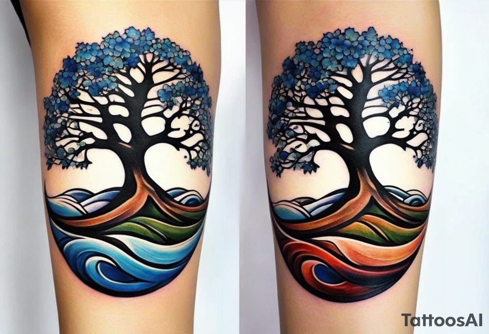 A tattoo of an abstract Tree of life tattoo to be placed on the upper side bicep of a woman. It can wrap around the arm a little. It should have roots growing out of the bottom. The roots slowly turn into water from the great wave by Hokusai. A golf flag should be placed discreetly growing out of the ground. 2 license plate tags should be hanging from the tree. Place a few music notes in the areas the leaves should be. The letters A U should be engraving into the tree trunk in a heart tattoo idea