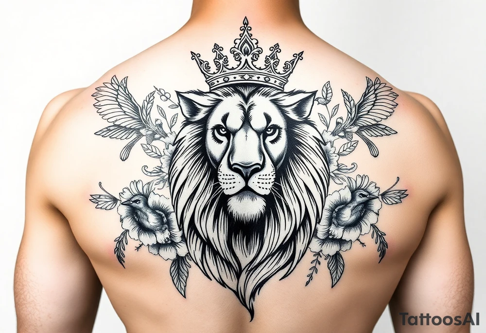 powerful majestic lion with a crown, surrounded by floral ornaments and birds tattoo idea