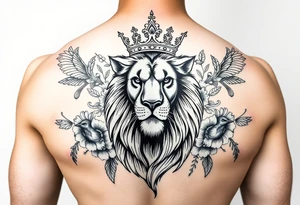 powerful majestic lion with a crown, surrounded by floral ornaments and birds tattoo idea