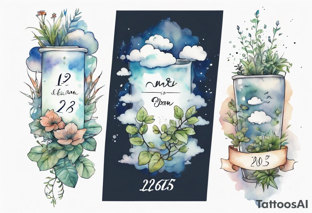 a forearm tattoo with a cloud with little plants and underneath it the date 12.08.05 tattoo idea