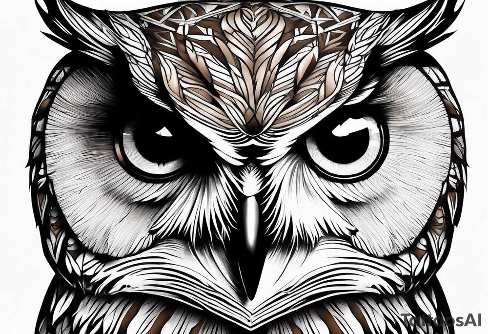 An owl with big brown strong serious eyes tattoo idea