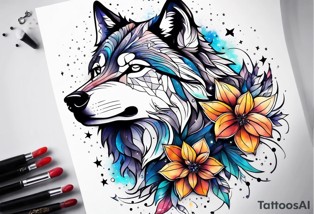 Constellation, animal wolf snow , géométric , flower tattoo idea