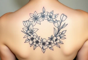 lilies, cherry blossoms and tulips with some leaves in a circular formation tattoo idea