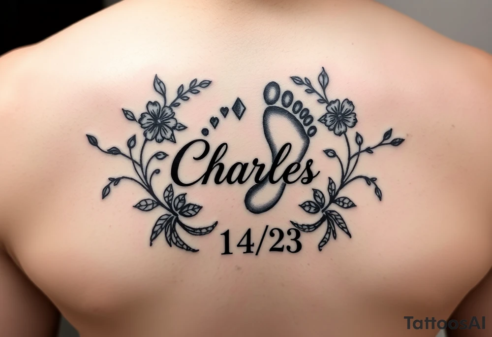 Baby footprint surrounded by the name Charles and the date 1/14/23 and floral vines tattoo idea