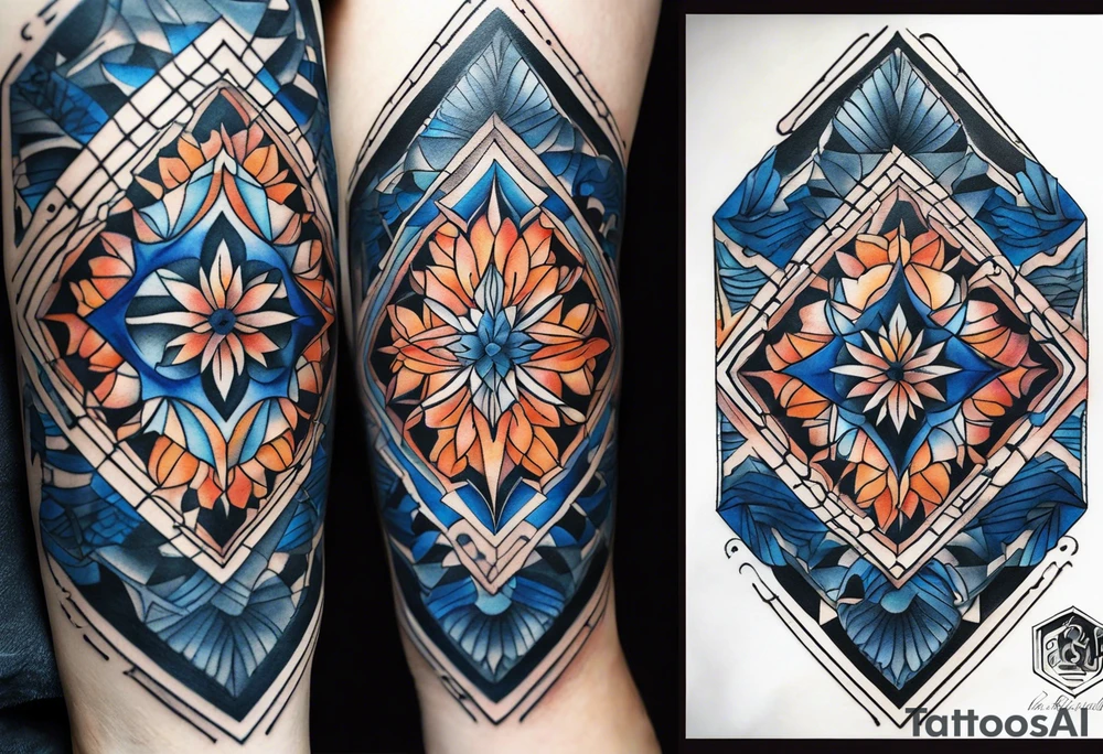 semi Detailed neo traditional knee tattoo flat on paper. The tattoo features geometric patterns and bold lines, creating a visually striking design with slight tints of deep fall colors. The background 
outside the tattoo features deep blues washes and water swirls tattoo idea