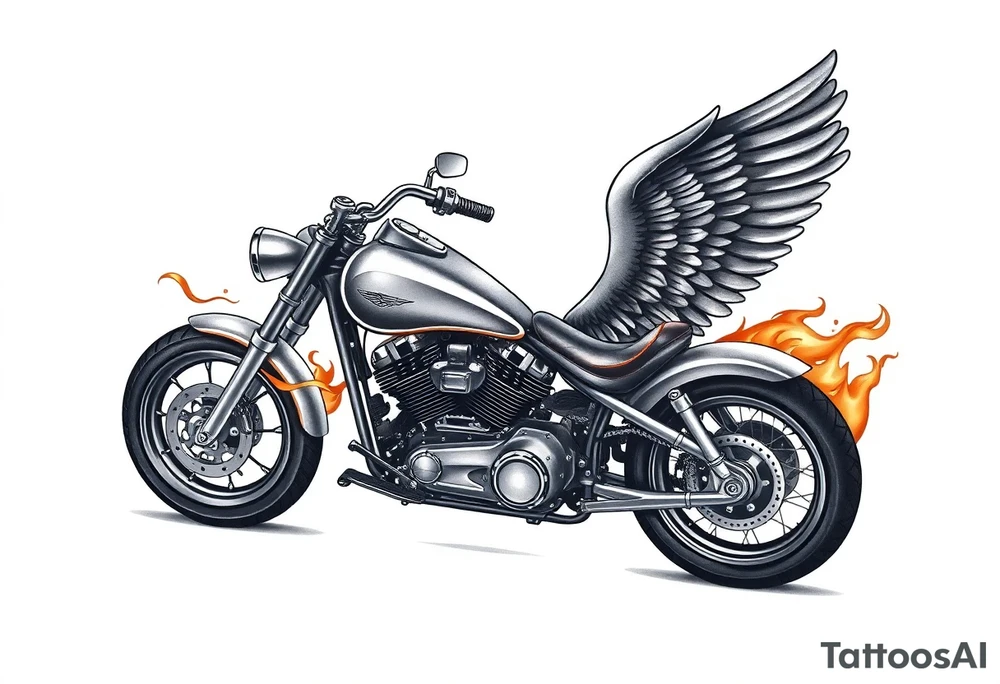 Low rider grey motorcycle, flames, angel wings tattoo idea