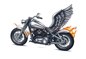 Low rider grey motorcycle, flames, angel wings tattoo idea