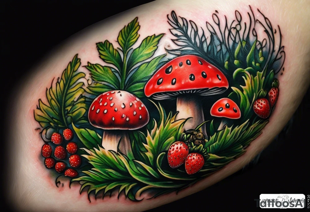 forest floor inspired realistic tattoo, which includes grass, curly ferns and dead leaves as the bulk of the tattoo. details to include: three very tiny strawberries, couple of VERY small mushrooms, a tiny bumblebee flying nearby tattoo idea