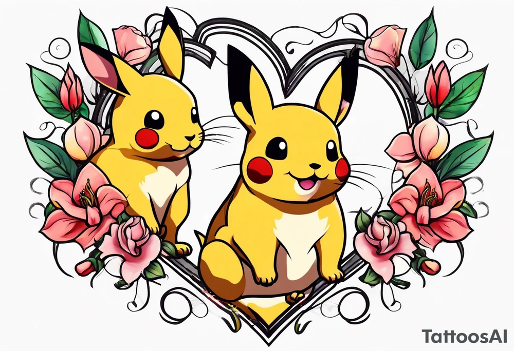 Pickachu and lioness with lilies hearts and music notes tattoo idea