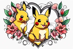 Pickachu and lioness with lilies hearts and music notes tattoo idea