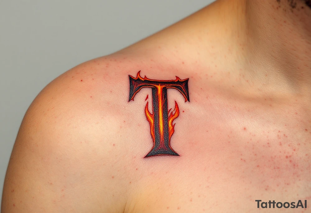 A fiery red "T" with orange flame-like accents licking up its sides. tattoo idea
