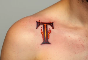 A fiery red "T" with orange flame-like accents licking up its sides. tattoo idea