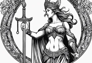 Nemesis, the goddess of justice, standing with sword and scale tattoo idea