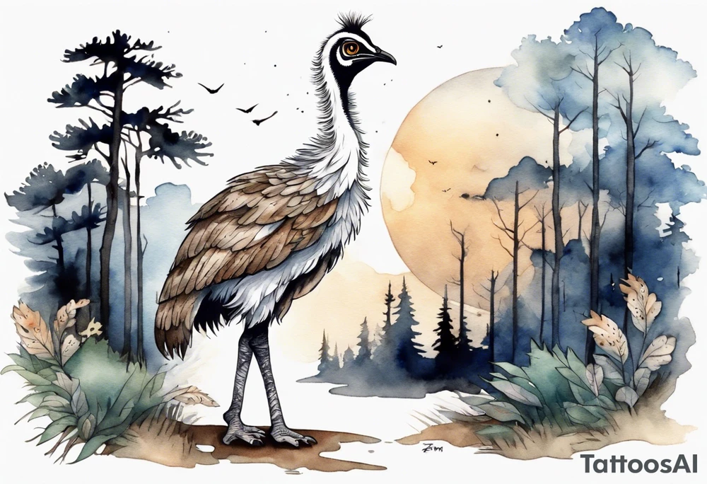 an emu with the head of a barn owl walking on a forest path at night tattoo idea