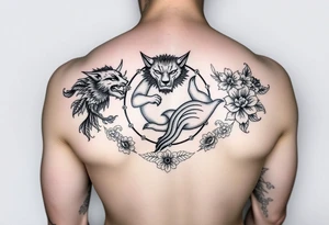 sleeve tattoo, black and white, lion and nine-tailed fox irezumi style circling each other with asian floral designs surrounding them tattoo idea