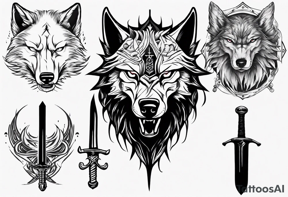 wolf head with sword in background tattoo idea