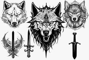 wolf head with sword in background tattoo idea