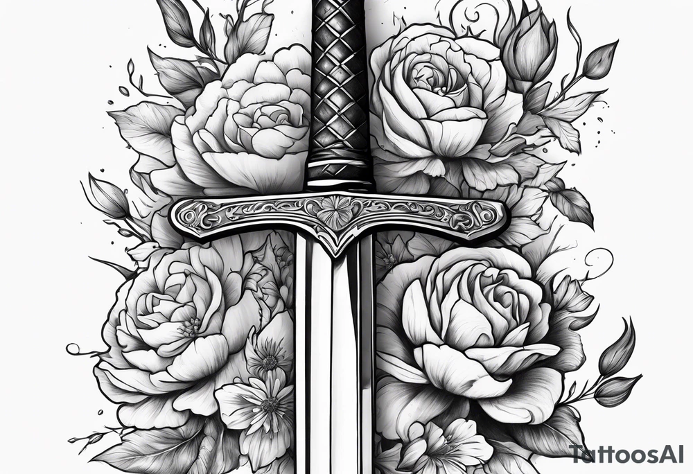bloody sword with flowers tattoo idea